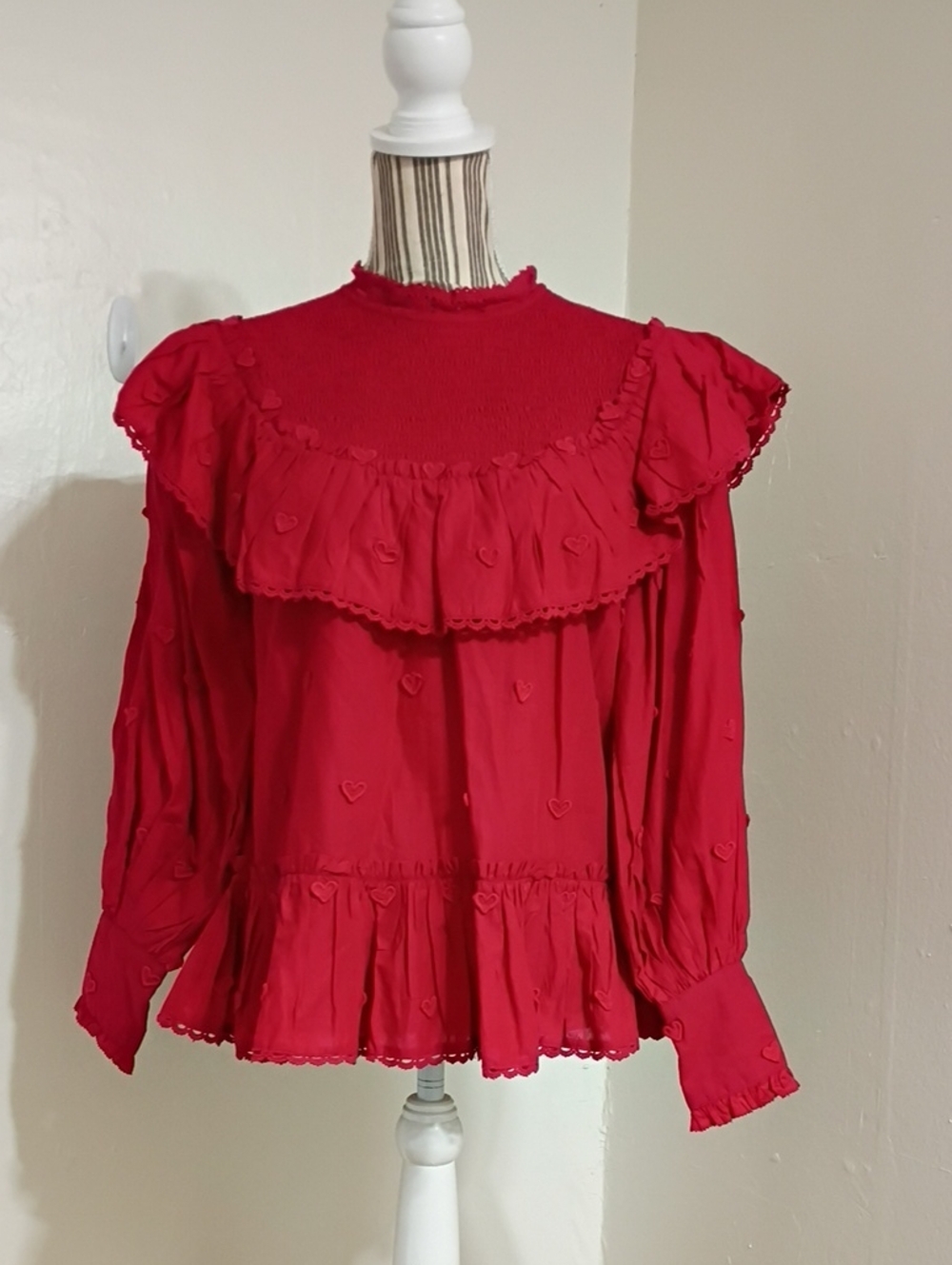 Farm Rio Red 3D Embroidered Heart Blouse Size XS